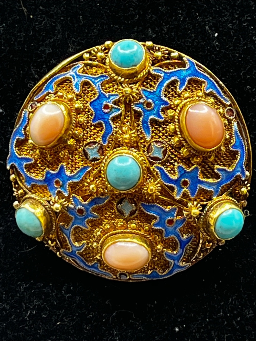 Vintage Chinese Export S925 Sterling Silver Gilt Filigree Coral Turquoise Brooch